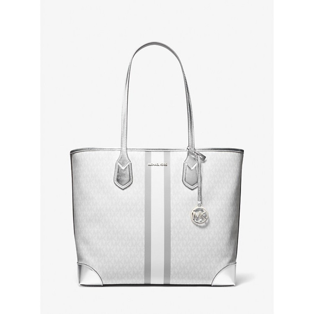 Michael Kors Eva Large Metallic Logo Stripe‎ Tote in Optic White - Picture 3 of 9